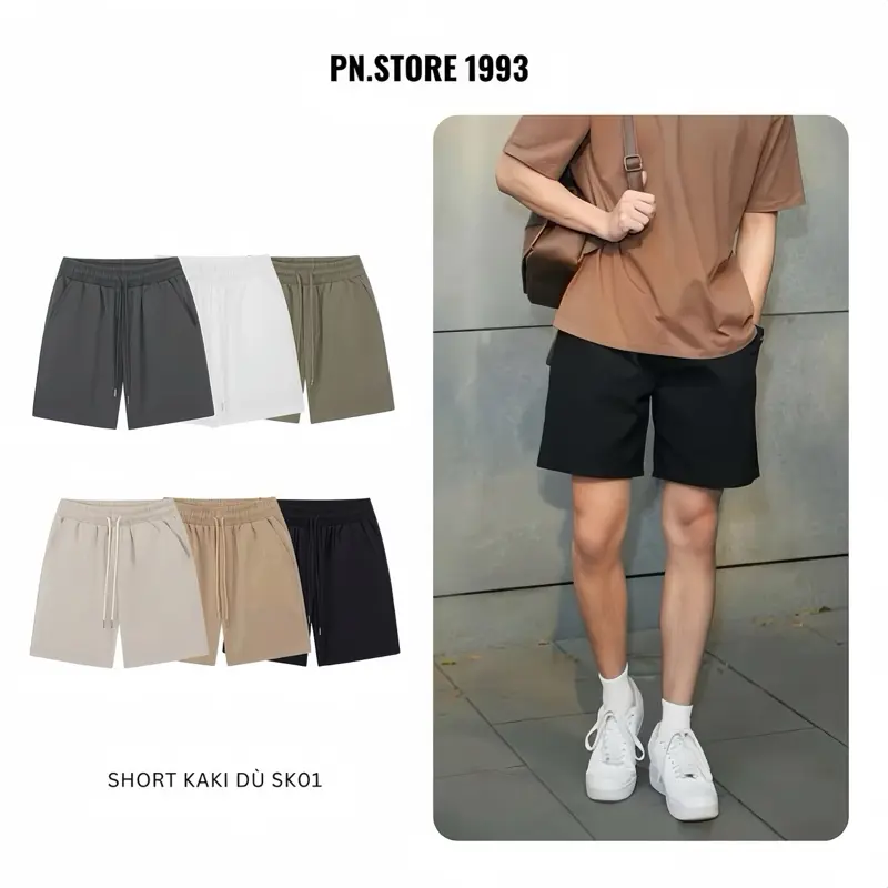 (COMBO 2 Quần Short) Kaki PN Store Dáng Trên Gối Bản Nâng Cấp Đường May Menswear Nam Kem Nhung Tre SK01 vải kaki dù