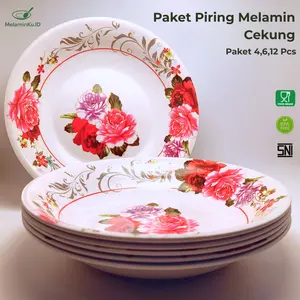 Piring Melamin Cekung Tebal Motif Bunga Ukuran 9 Inch Set 4/6/12 Pcs