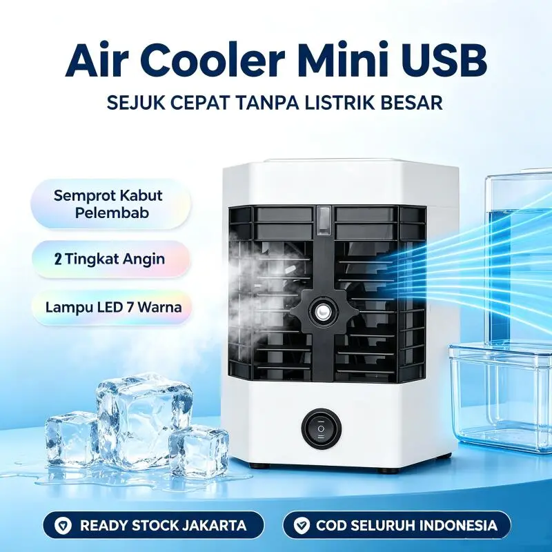 Air Cooler Mini Portable USB Recharge Alat Pendingin Meja Hemat Daya Senyap Semprot Kabut Nano 2 Tingkat Angin Lampu LED Cocok Anak Kost Pelajar Kantor Kamar Tidur COD Seluruh Indonesia