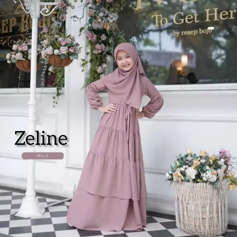gamis anak terbaru 2025  perempuan untuk usia 11-14 tahun kids set dress plus pasmina zeline 0