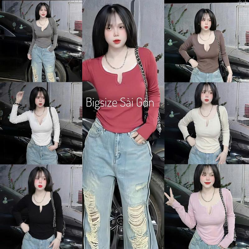 Áo Thun (Tăm QC )  Nữ Tay Dài Phối Cổ Ren Tiểu Thư Vải Thun Tăm QC Cao Cấp 45- 90Kg Bigsize Dễ Thương Top Nữ Women - B.1580