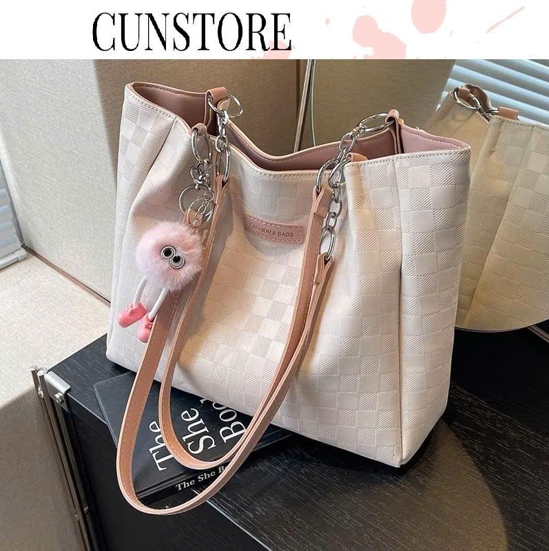   Tặng charm gấu   Túi xách nữ tote công sở kẻ ô  da PU cao cấp CUN241 