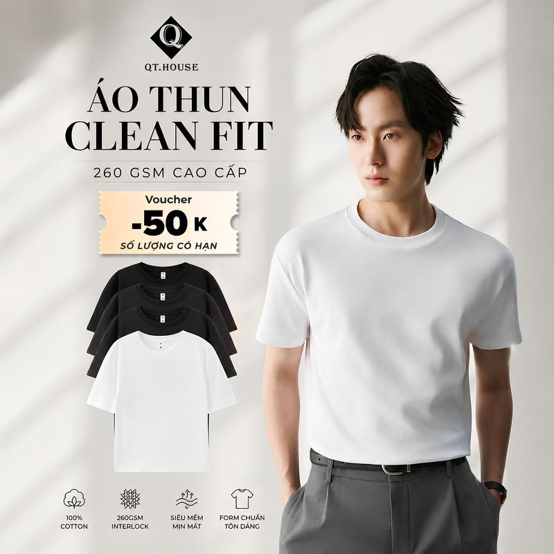 (Form Hack Vai) Áo Thun Nam QT.HOUSE Form Clean Fit Vừa Vặn Tôn Dáng, Chất Cotton 260GSM Dệt Interlock Cao Cấp - QTTN01