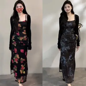 "Purely seductive style, hot girl dress for women, summer slim-fitting and slim-showing dress, elegant floral print, slit design, elastic strap dress, versatile cardigan"