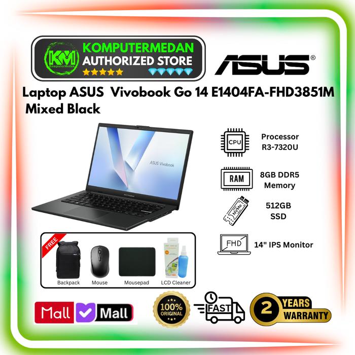 Gambar Laptop ASUS Vivobook Go 14 E1404FA FHD3851M Ryzen 3 7320U RAM 8GB DDR5 512GB SSD 14″ FHD Win 11 Home+OHS 2024+M365 Mixed Black dari KomputerMedan OS Kota Medan Tokopedia