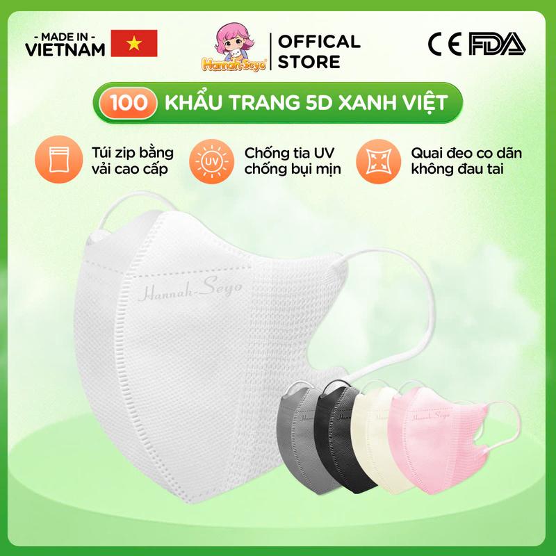 Thùng 100 chiếc Khẩu Trang 5D Xanh Việt Hannah Seyo Chống UV & Bụi Mịn 3 Lớp Thiết Kế Thông Minh Quai Co Giãn Túi Zip Cao Cấp