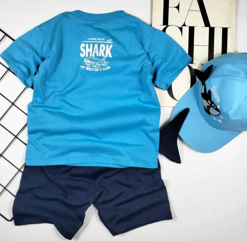 Setelan baju anak laki-laki usia 1-10 tahun motif HIU/Baju anak laki-laki motif terbaru dan terbest seler bisa dengan topi 2