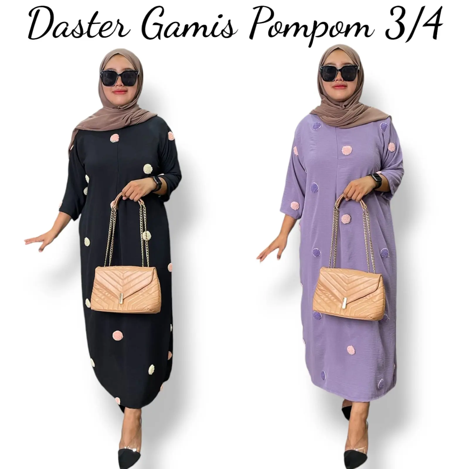 Daster Gamis Kekinian Pompom Lengan 3/4