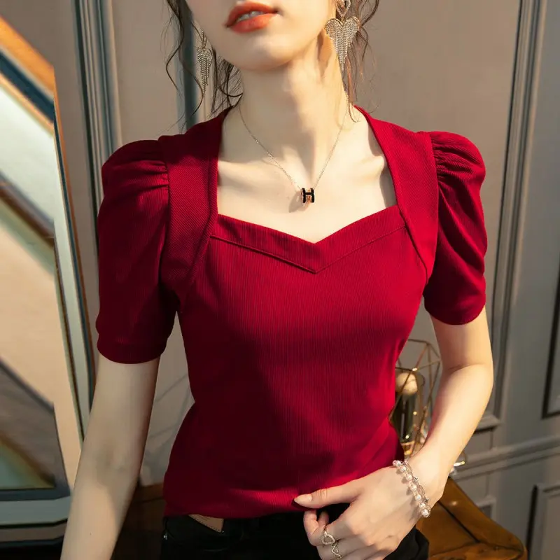 Women Spring Summer Style Blouses Shirts Lady Casual Short Puff Sleeve Solid Color T-shirts Tops SS062
