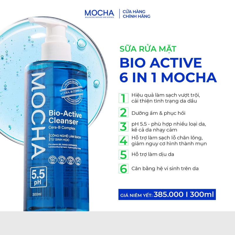 Sữa Rửa Mặt Mocha Bio Active 300ml – Dịu Nhẹ Cho Nam Nữ Hỗ Trợ Làm Sạch Bụi Bẩn & Dầu Thừa Dưỡng Ẩm Da Mềm Mượt. Sữa Rửa Mặt Cho Da Nhạy Cảm da khô da hỗ hợp