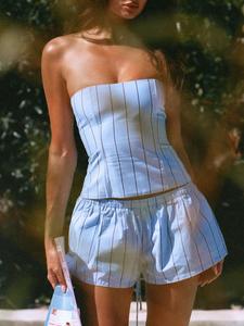 Conjunto de dos piezas para mujer: top corsé de canalé a rayas con cordón y shorts, sexy sin tirantes, crop top y shorts, ideal para el verano