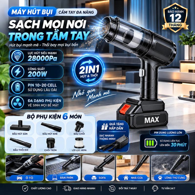 Máy hút và thổi bụi cầm tay 2 đầu BFJ lực hút 28.000Pa chân pin Phổ Thông THÁO RỜI sạc và thay thế dễ dàng