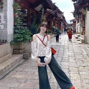 เสื้อเชิ้ต เปิดไหล่ ลายจุด ดีไซน์สวย Kumikumi สำหรับผู้หญิง ทรงหลวม เสื้อแขนยาว เหมาะสำหรับฤดูใบไม้ผลิ สไตล์ชิค