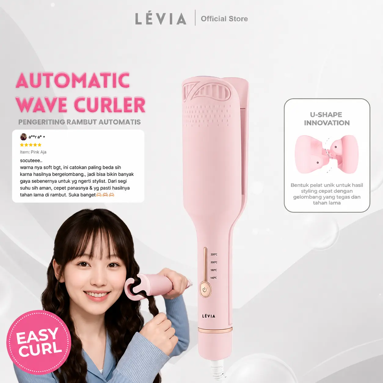 LEVIA - Catokan Keriting Automatic Wave Curler 32mm - Sisir Rambut Curly Wave Korea dengan 4 Pengaturan Suhu & Plat Keramik Ion Porselen untuk Hasil Natural & Sehat