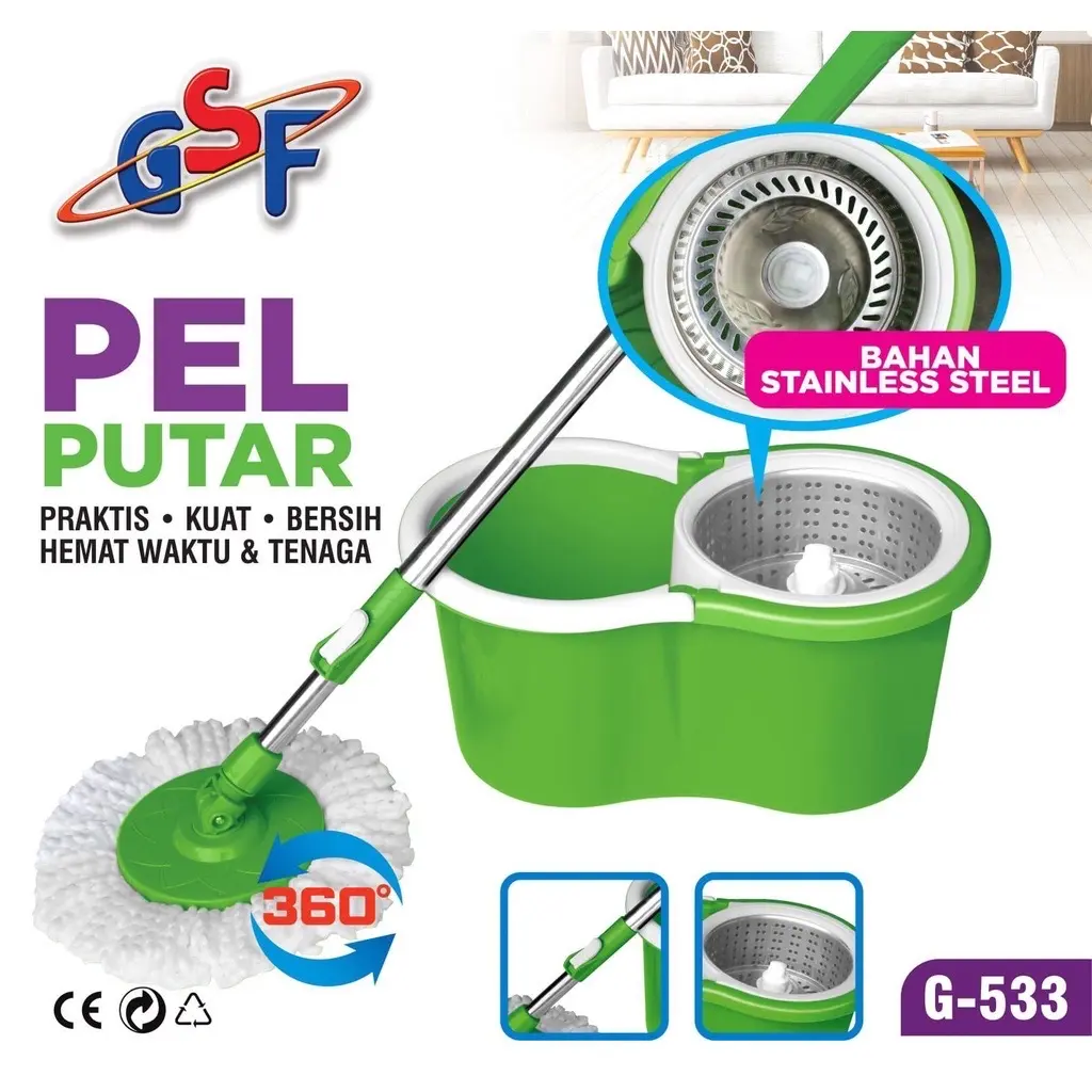 Pel Lantai Otomatis Stainless Magic Mop GSF 533 - Alat Pel Putar Terbaru - Kain, Microfiber - Plastik