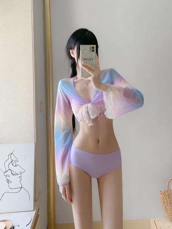 Bộ đồ bơi hai mảnh trang phục đi biển áo tắm phụ nữ sexy nâng Padding dây 4 mảnh 2024 phong cách mới với bìa lên tay áo dài eo cao dễ thương thời trang co giãn 3