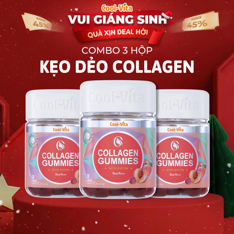   Live  Combo 3 Hộp Kẹo Dẻo Collagen Hỗ Trợ Trẻ Hóa Sáng Da - Cải Thiện Sức Khỏe Tóc Móng Vị Đào Kết Hợp Biotin Vitamin C & Vitamin E Coolvita  60 viên x 3g  hộp 