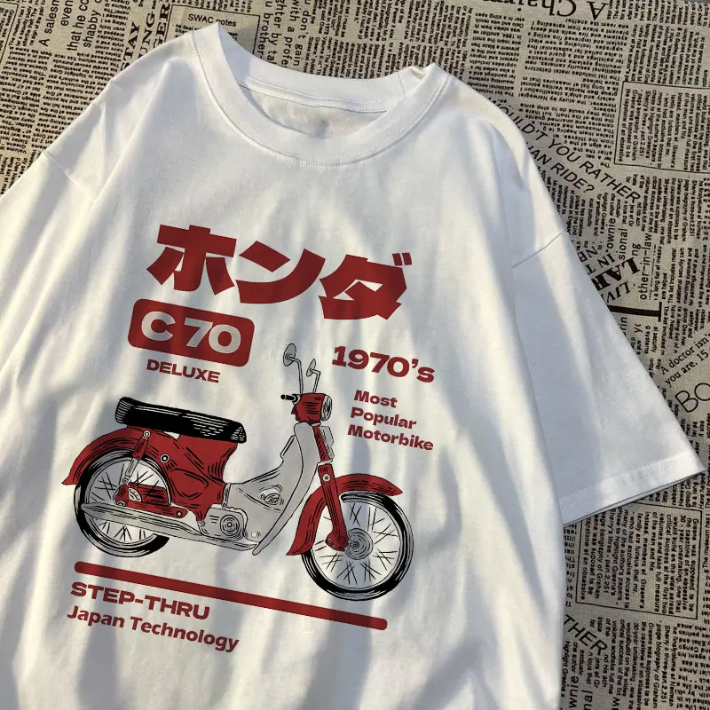 Japanese trend motorcycle print T-shirt summer casual round neck short-sleeved women's T-shirt fashion niche ins Korean version of chic clothing classic white campus commuting all-match tops unisex Womenswear COD