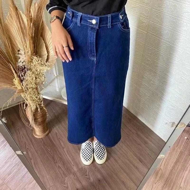 Theana Rok Jeans Skirt Panjang Wanita Dewasa Belah Belakang Bawahan