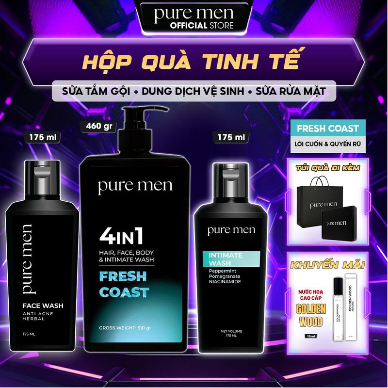   MỚI  Hộp Quà Tinh Tế Pure Men - Set Combo Bộ Quà Tặng Bạn Trai - Sữa Tắm Gội 4in1 Hương Nước Hoa Cao Cấp 460ml & Sữa Rửa Mặt 175ml & Dung Dịch Vệ Sinh Nam Giới 175ml 