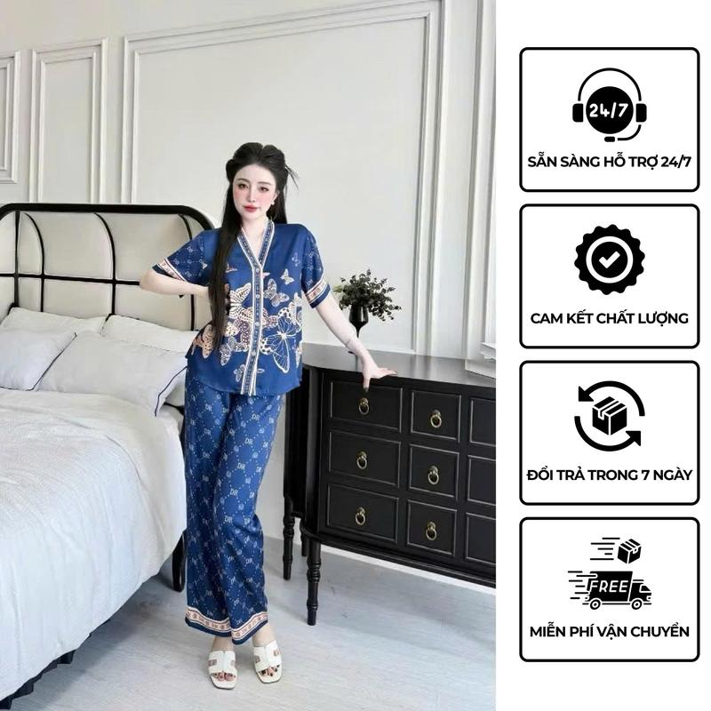  G-Bộ Đồ Ngủ Nữ Quần Dài Cổ Y Hoa Tiết Dễ Thương Chất Liệu Vải Lụa Latin Mặc Nhẹ Mát 