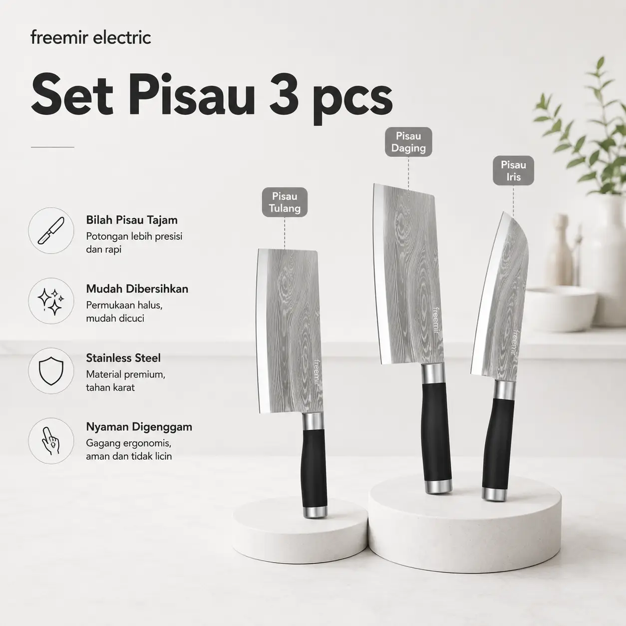 freemir Set Pisau 3 Pcs Daging Stainless Steel Slicer Cleaver Pisau Potong Serbaguna Set Pisau Dapur Tajam Presisi