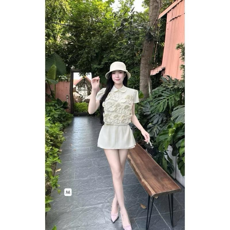 Set tiểu thư cổ sen ĐÍNH HOA thêu xinh mix kèm chân váy dáng A tôn dáng set đồ nữ đẹp BIGSIZE