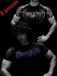 Paquete de 2 camisetas para hombre con estampado gótico, manga corta, tejido transpirable de alta elasticidad y secado rápido, ajuste entallado para entrenamiento muscular, aptas para todas las estaciones