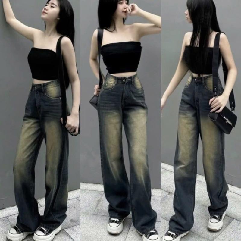 S-XL Sunstyle Quần beggy jean nữ quần suông ống rộng rách kiểu cạp đính khuy jean tôn dáng kiểu dáng thời trang 2024 CV 54 Women Pants Denim Lưng Cao Ong Tim Kem highrise lowrise