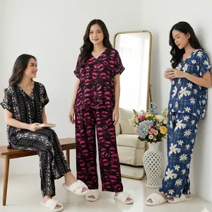 PIYAMA KANCING BUSUI | PIYAMA RAYON V-NECK | PIYAMA BUSUI Baju Wanita Setelan Celana Panjang Tidur Pendek Dewasa Motif