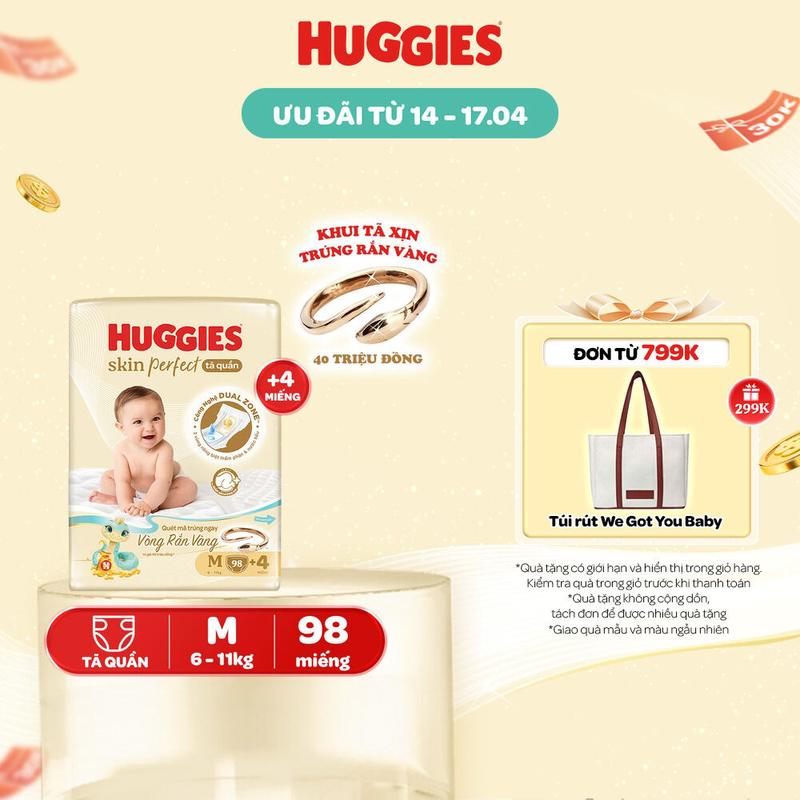 Tã quần Huggies Skin Perfect Mega Jumbo với 2 vùng thấm giảm kích ứng da Size M 98+4/L 88+4/XL 72+4/XXL 64+4
