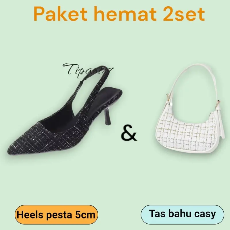 Paket Hemat 2 Set Higheels Pesta & Tas Wanita Bahu Cassy - Shoes Hitam Putih Sandal 1