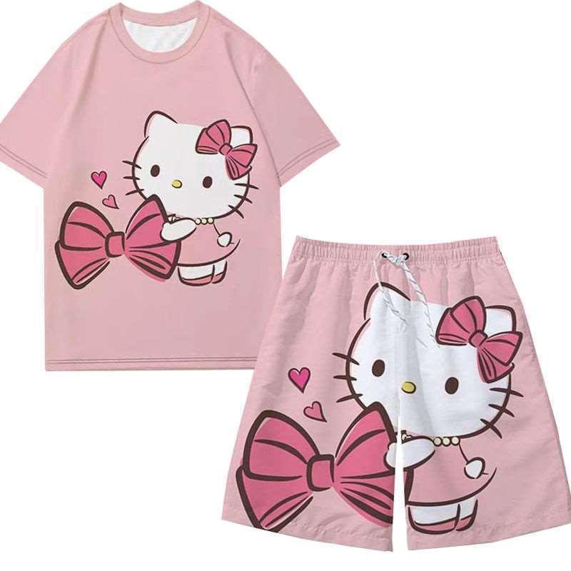 Bộ Đồ Ngắn, HELLO HELLO HELLO HELLO HELLO HELLO Thiết Kế Hình Kitty, Dành Cho Nam Và Nữ, Thời Trang, Thích Hợp Mặc Cặp Đôi, Quần Soóc Đi Biển, Năm 2024 1