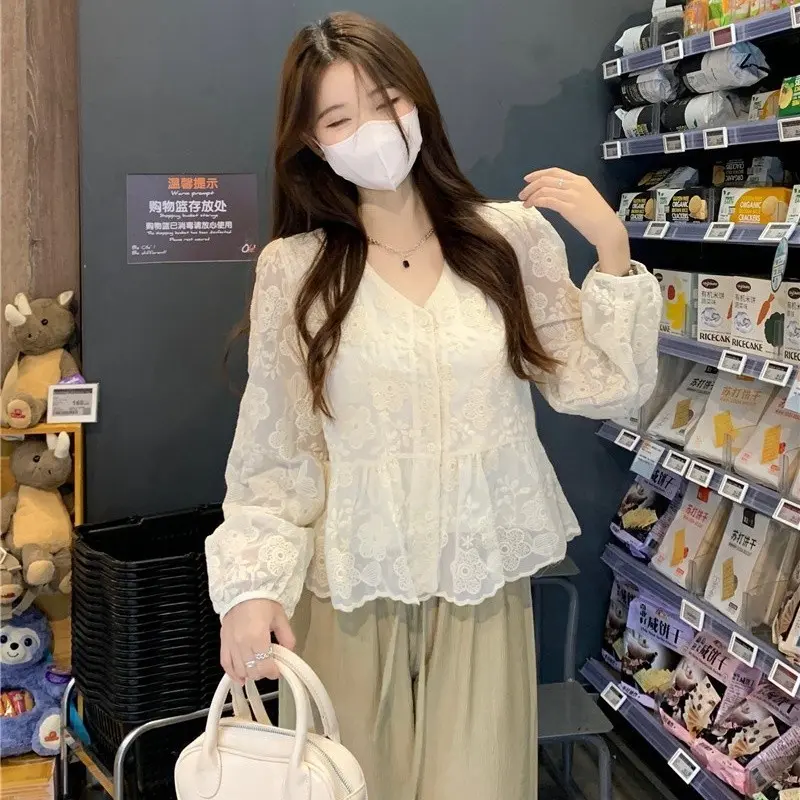 yikoo-Kemeja korea renda lengan panjang shirt wanita blouse