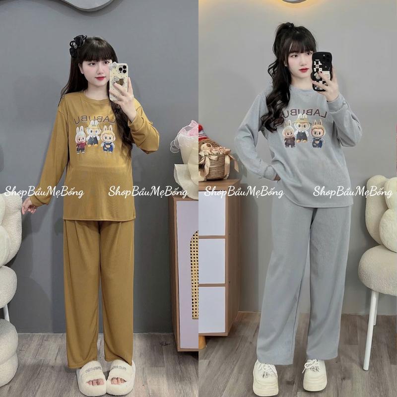 COMBO 2 Bộ Thu Đông Mặc Bầu Và Sau Sinh Hình Labubu Chất Len Tăm Hàn 4 Màu Áo Có Vén Tuti Quần Có Chun Chỉnh Tiện Lợi Freesize Dưới 70kg 