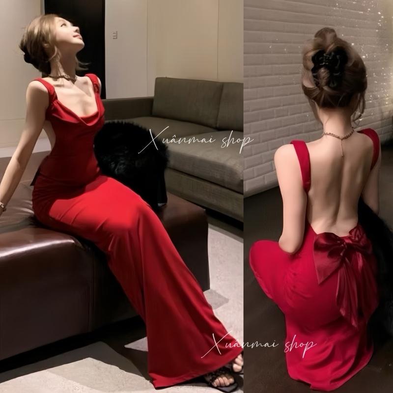 (Dài-Ngắn) Đầm BODY NƠ SAU HỞ LƯNG đệm mút dáng dài và Xòe ngắn chất Ladong XuânMai shop