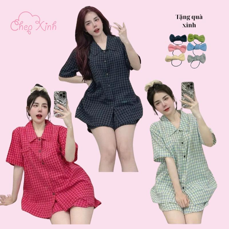 Bộ pijama kẻ caro nhiều màu chất đũi họa tiết dễ thương phong cách hàn quốc siêu hot Nữ Women