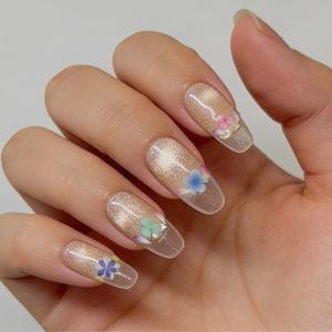Sheer cat eye gradient multicolor floral press on nails — ultra sheer spring manicures, handmade custom design, gentle “quiet luxury” aesthetic that pairs well with any outfit