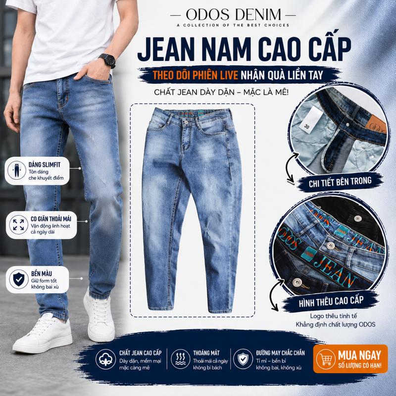 Quần Jean Nam Cao Cấp - Denim Cotton Co Giãn - Form Slim Fit Tôn Dáng - Màu Xanh Retro Mài Nhẹ, Dễ Phối Đồ