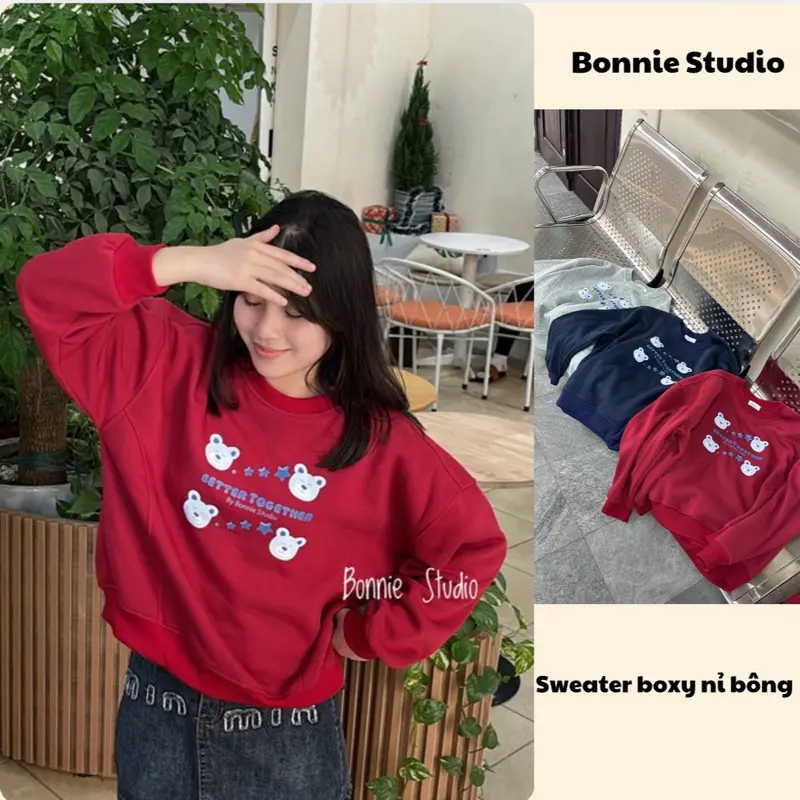 [Bonnie] Áo Nỉ Form Boxy, Áo Sweater Cổ Tròn Nỉ Bông 3 Màu Xinh Xám, Xanh Navy, Đỏ