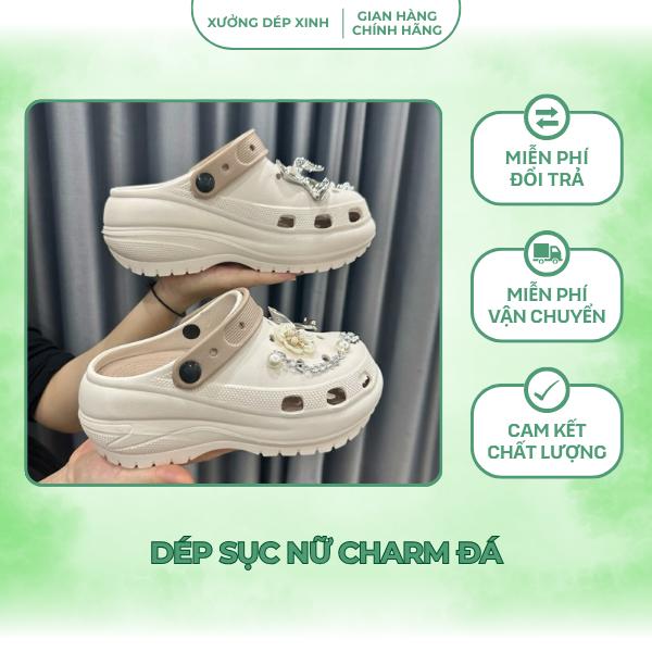 Lùi 1 size Dép sục nữ charm đá Ngẫu Nhiên đế 8cm bản mới Sục nữ đế cao phong cách năng động chất liệu eva Shoes Giày Bệt DéP