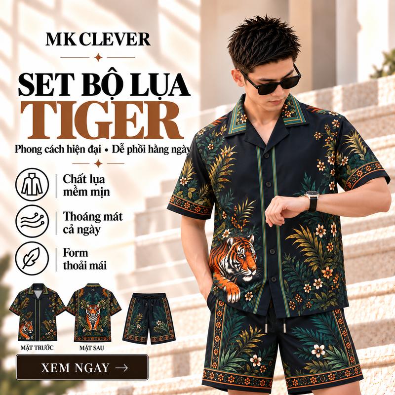 Set Bộ Lụa TᶖgER JUNGLE MK CLEVER, Áo Sơ Mi Thiết Kế Cổ Cuban, Họa Tiết Sắc Màu, Chất Liệu Vải Lụa Mịn Siêu Đẹp, Form Dáng Trẻ Trung Nam Menswear