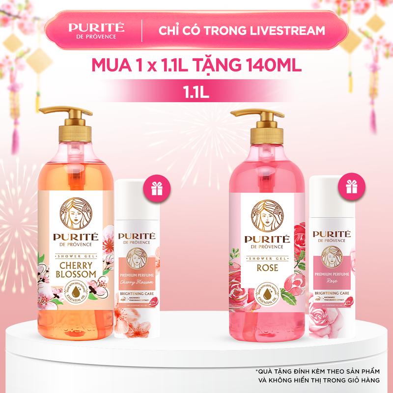  Combo Sữa Tắm Purité Hương Hoa Anh Đào  Hoa Hồng 1.1L + Tặng Xịt Khử Mùi Dưỡng Sáng Hương Nước Hoa Cao Cấp Purité 140ML 