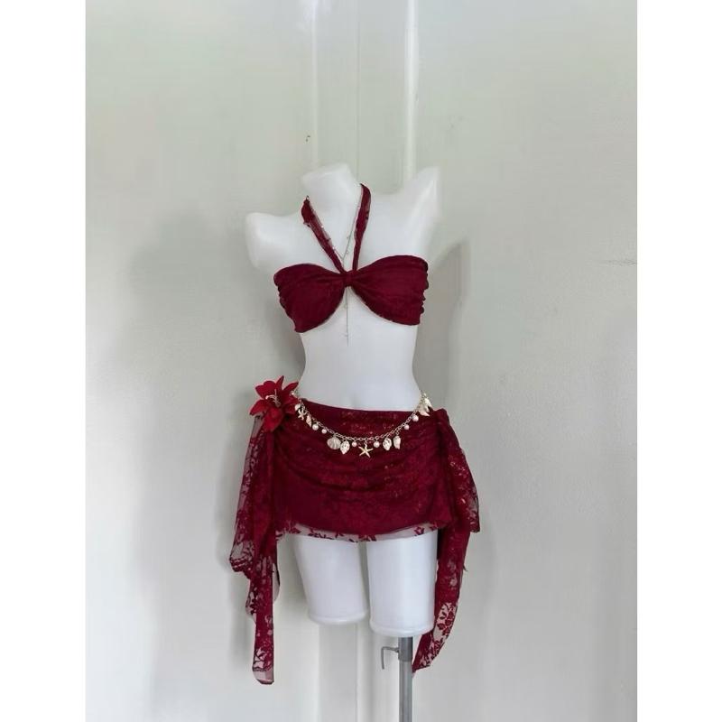 KBN 866 Set bikini HAWAII ba chi tết áo cup có mút + phụ kiện Hoa Ly không kèm dây cham