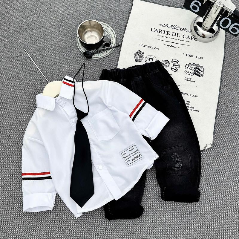 Bộ quần áo sơ mi áo kẻ xanh và áo trắng viền đỏ kèm quần jean cho bé DÀI TAY 10-30kg[ Loan kids94]