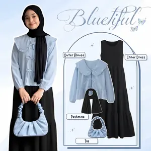 One Set Dress Korean Style Wanita Hijab Outfit (Outer Blouse Korean Style + Inner Dress Ruffle Tanpa Lengan + Pashmina Ceruti + Free Shoulder Bag) || OOTD Wanita Kekinian Remaja Hijab RO099