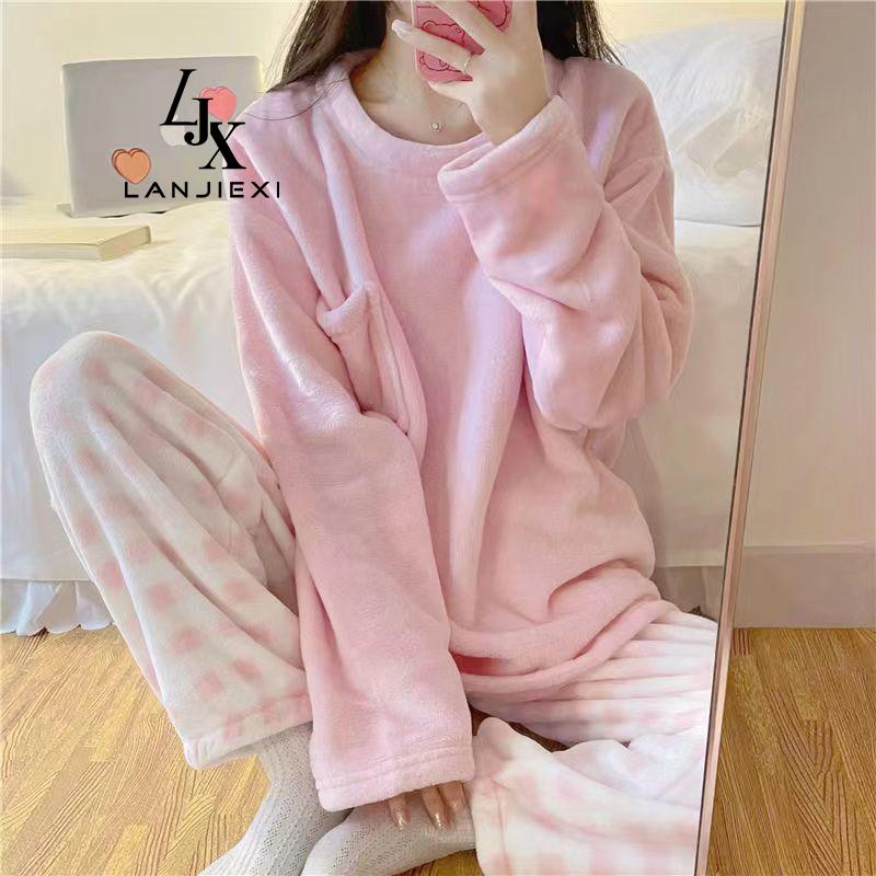  Bộ Đồ Ngủ Chất Nỉ Phối Lông Cừu San Hô Dày Dặn Ấm Áp Thời Trang Thu Đông Dễ Thương Cho Nữ 