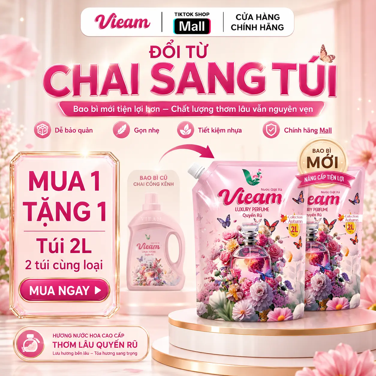 [Mua 1 Tặng 1] Túi Nước giặt xả VIEAM luxury perfume 2L -An toàn dịu nhẹ, Làm sạch