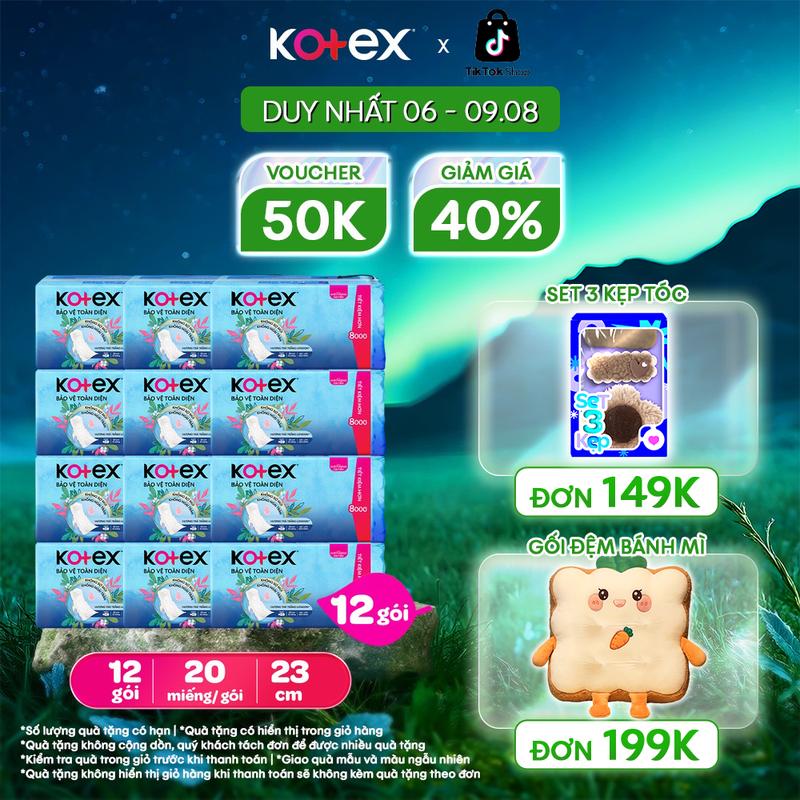 Lốc 4 gói/Combo 12 gói Băng vệ sinh Kotex Hỗ trợ Bảo Vệ 23cm Dày Cánh 20 miếng/ gói