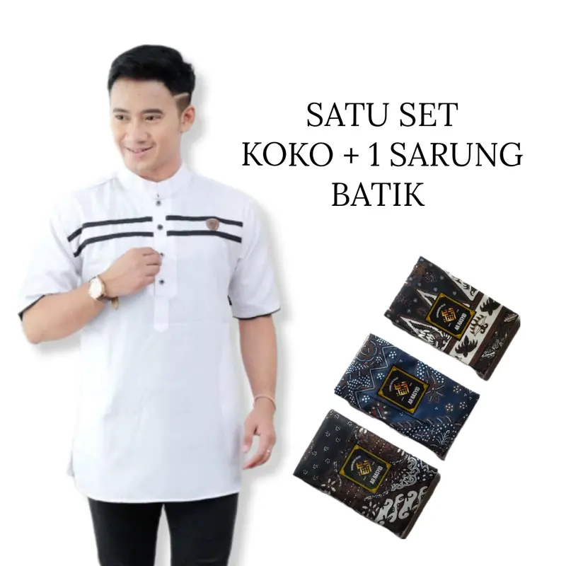 MANGUNA SATU SET BAJU KOKO KURTA LIST 2 DAN SARUNG BATIK DEWASA BAHAN ADEM TEBAL 4